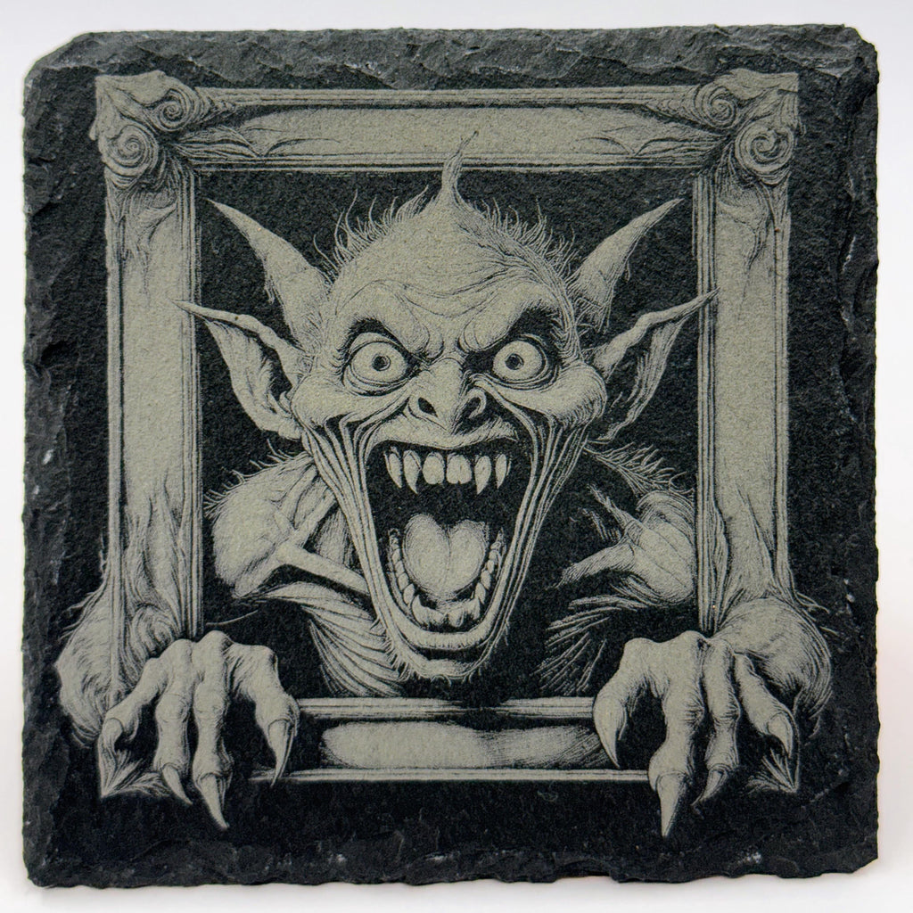 Creepy Gremlins Slate Coasters: Engraved Gothic Horror Decor (4-Pack)