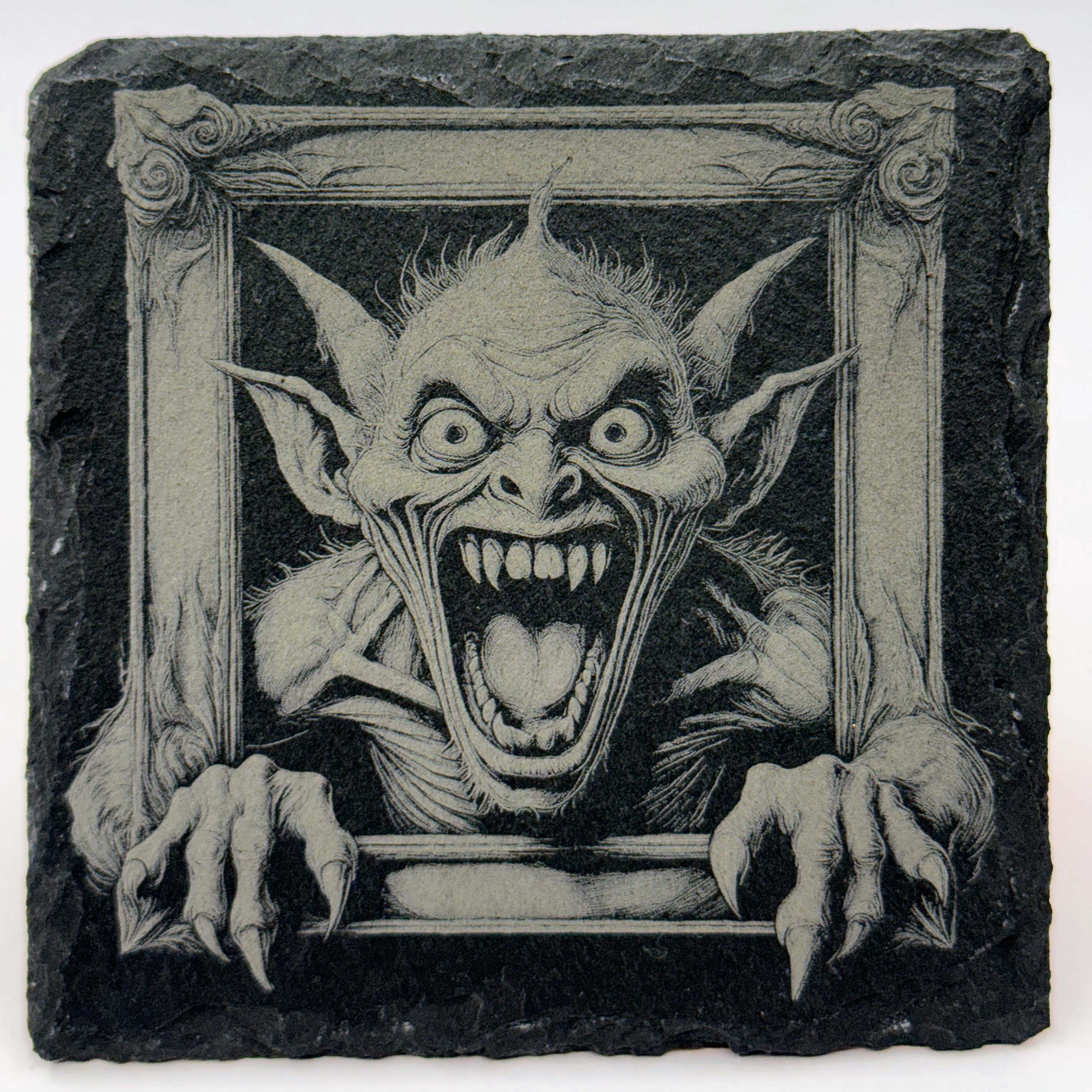 Creepy Gremlins Slate Coasters: Engraved Gothic Horror Decor (4-Pack)