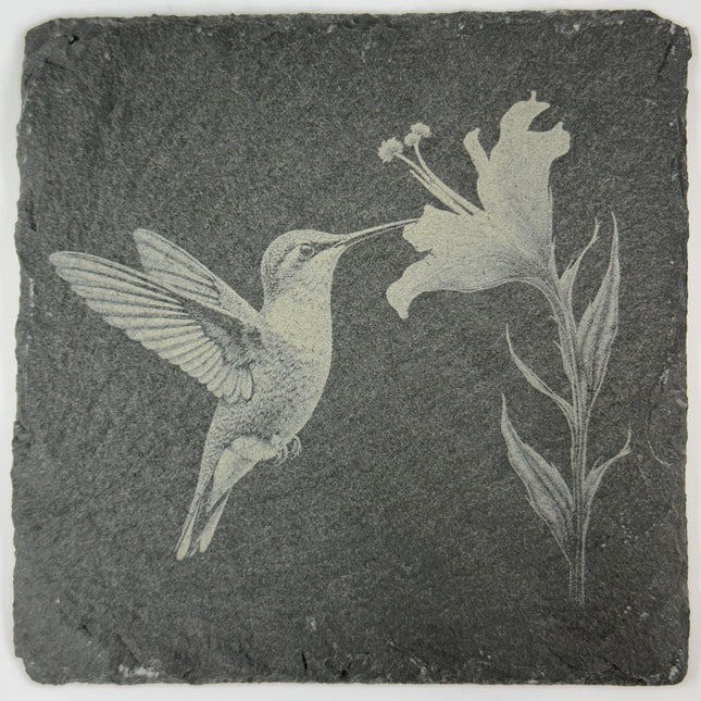 Hummingbird Slate Coaster Set of 4 – Engraved Stone Drink Coasters with Floral Designs