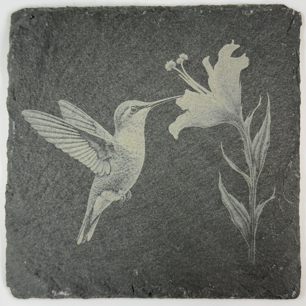 Hummingbird Slate Coaster Set of 4 – Engraved Stone Drink Coasters with Floral Designs