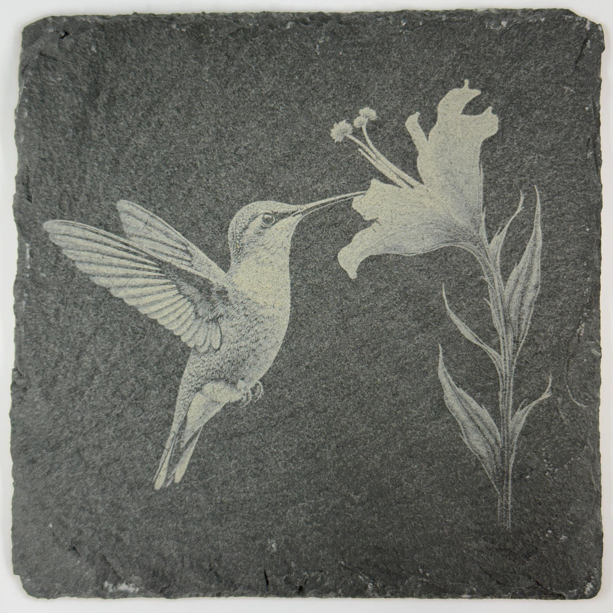 Hummingbird Slate Coaster Set of 4 – Engraved Stone Drink Coasters with Floral Designs