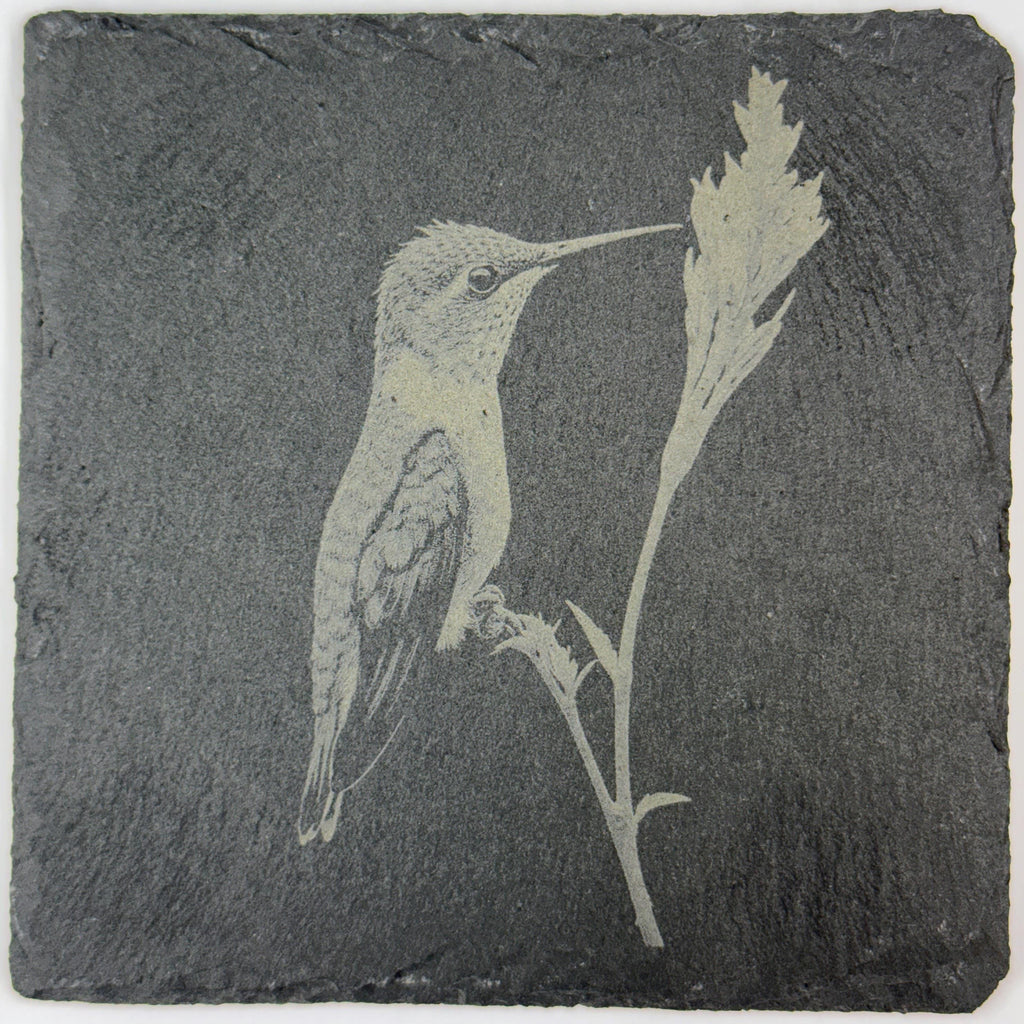 Hummingbird Slate Coaster Set of 4 – Engraved Stone Drink Coasters with Floral Designs
