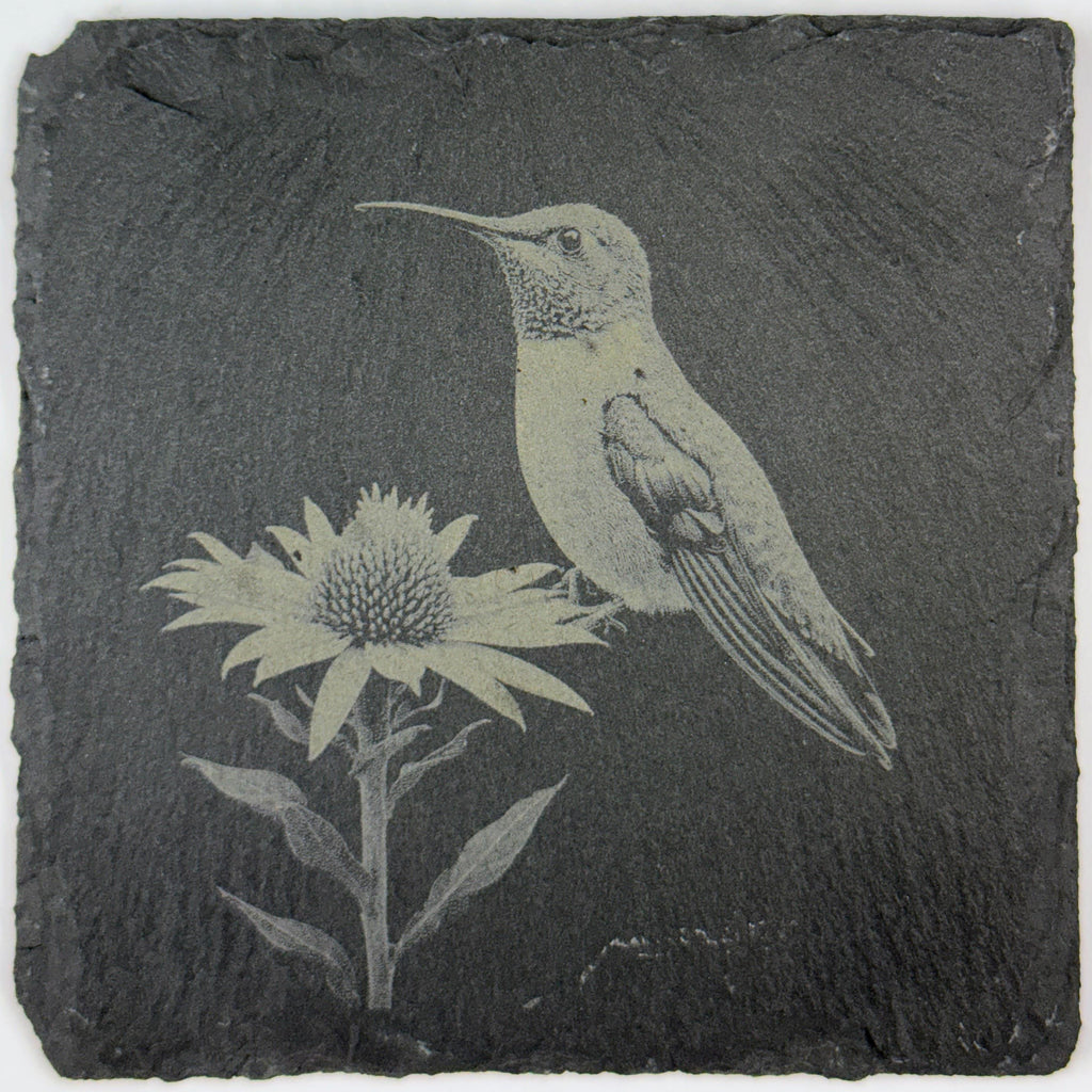 Hummingbird Slate Coaster Set of 4 – Engraved Stone Drink Coasters with Floral Designs