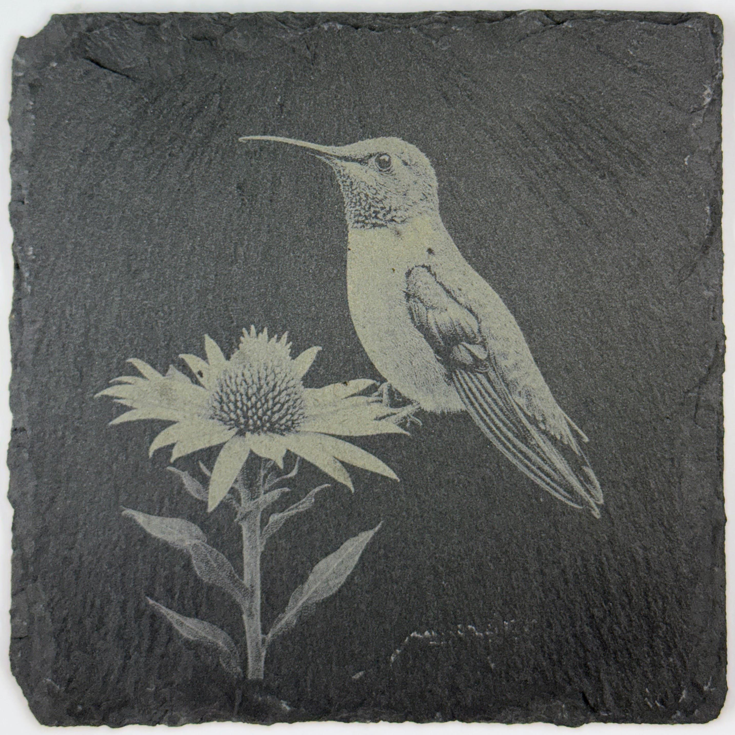 Hummingbird Slate Coaster Set of 4 – Engraved Stone Drink Coasters with Floral Designs