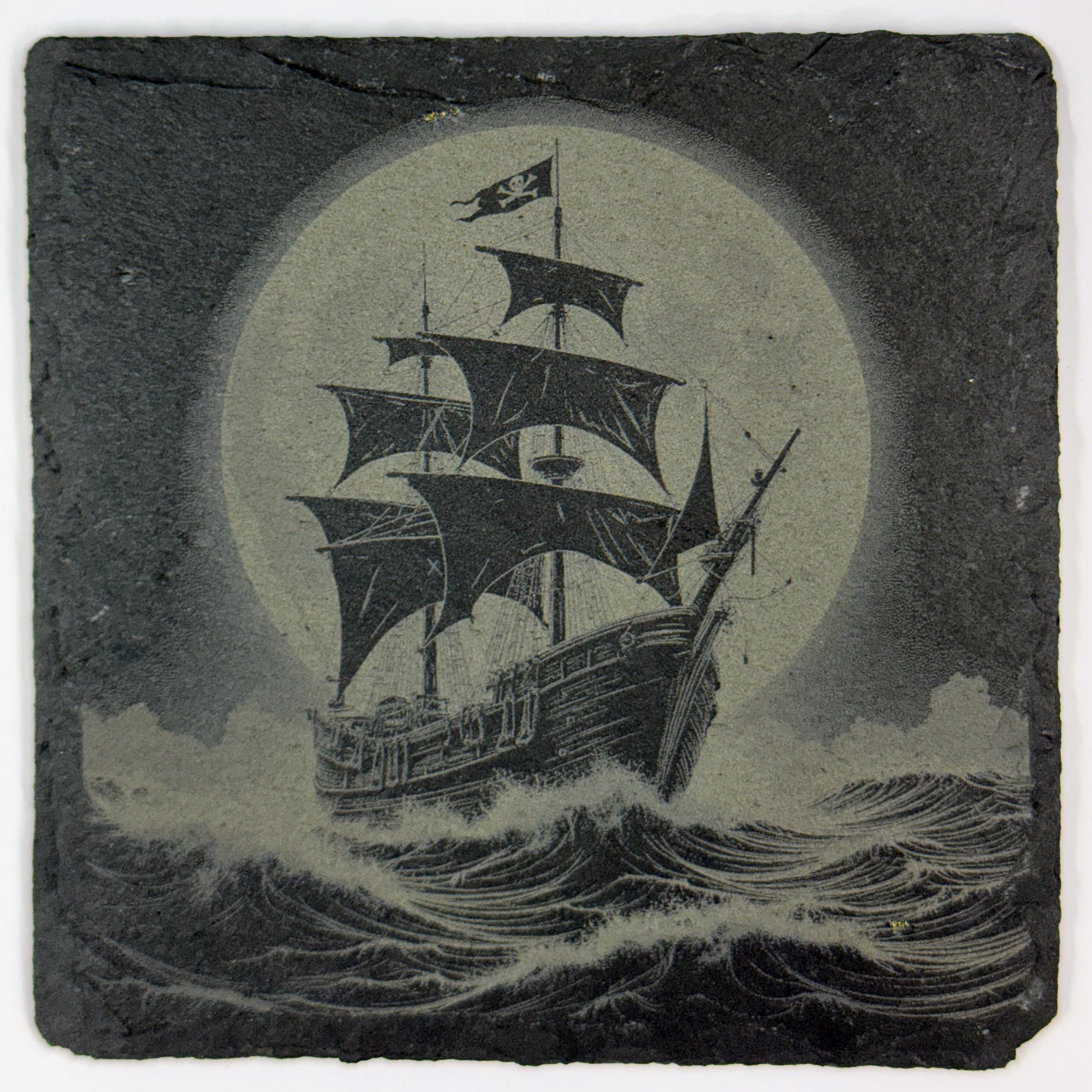 Pirate Ship Slate Coaster Set of 4 – Engraved Nautical Drink Coasters with Sailing Ships