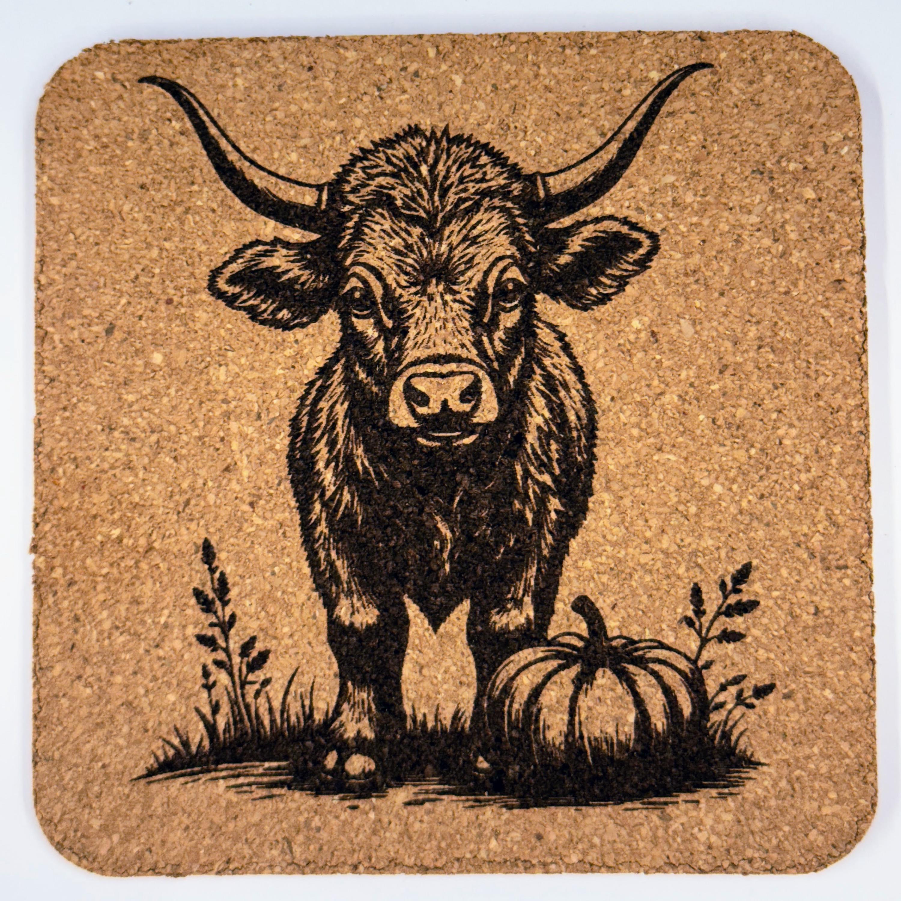 Highland Cow Cork Coaster Set of 4 – Engraved Autumn Pumpkins Rustic Farmhouse Drink Coasters