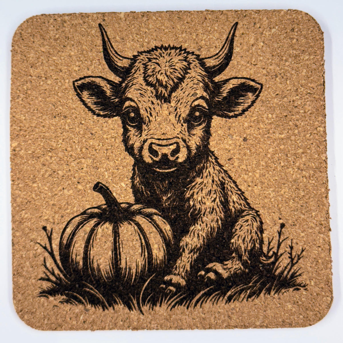 Highland Cow Cork Coaster Set of 4 – Engraved Autumn Pumpkins Rustic Farmhouse Drink Coasters