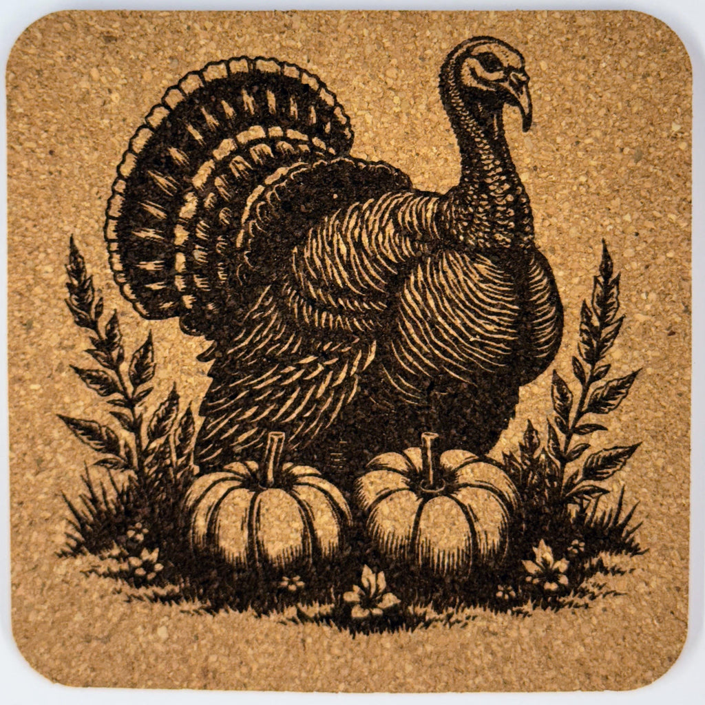Turkey Cork Coaster Set of 4 – Engraved Autumn Pumpkins Rustic Thanksgiving Drink Coasters
