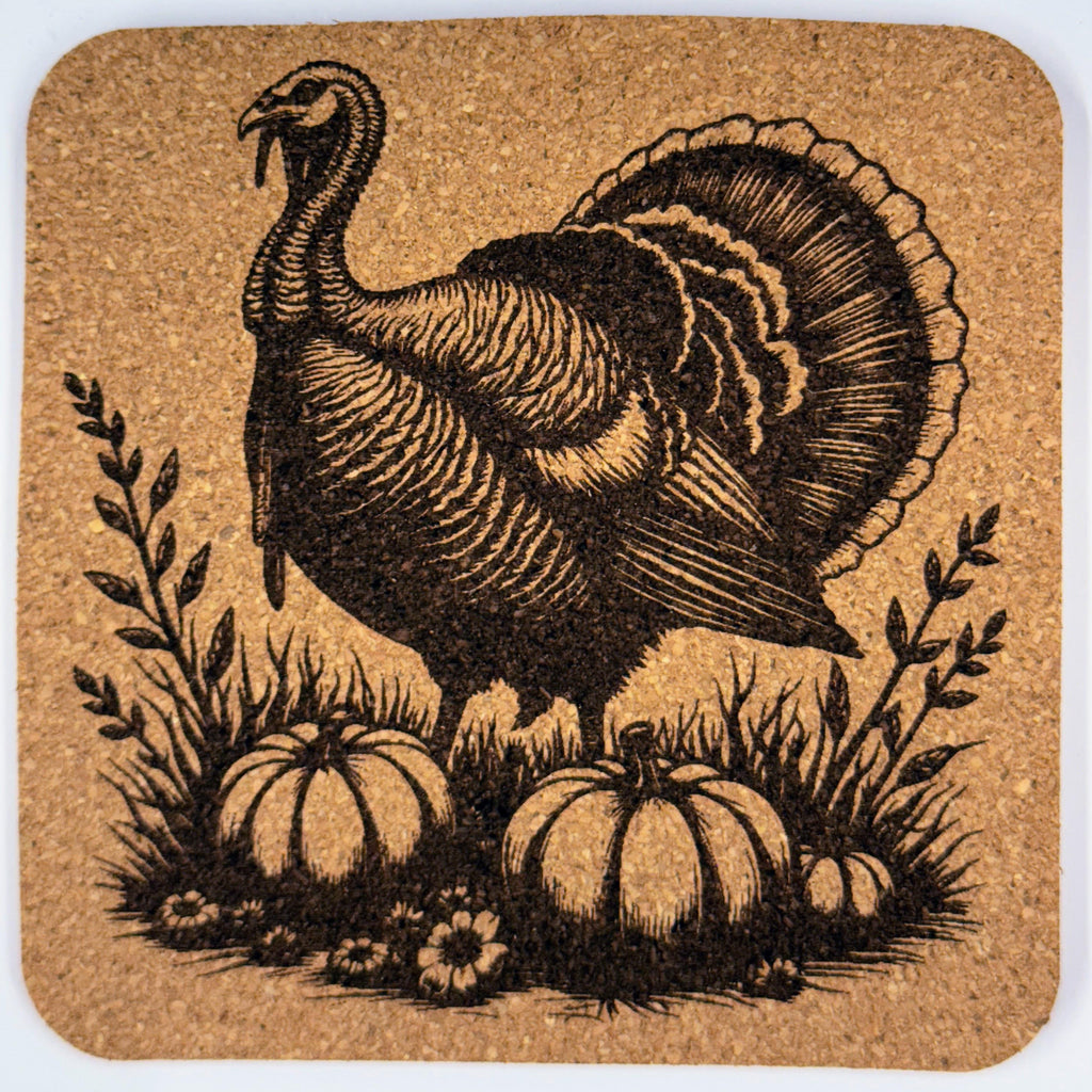 Turkey Cork Coaster Set of 4 – Engraved Autumn Pumpkins Rustic Thanksgiving Drink Coasters