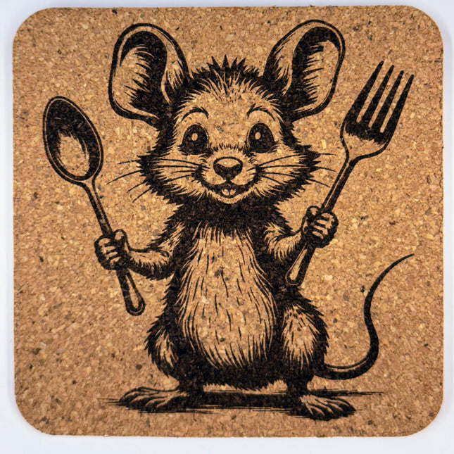 Cooking Mouse Cork Coaster Set of 4 – Engraved Whimsical Kitchen Mice Drink Coasters