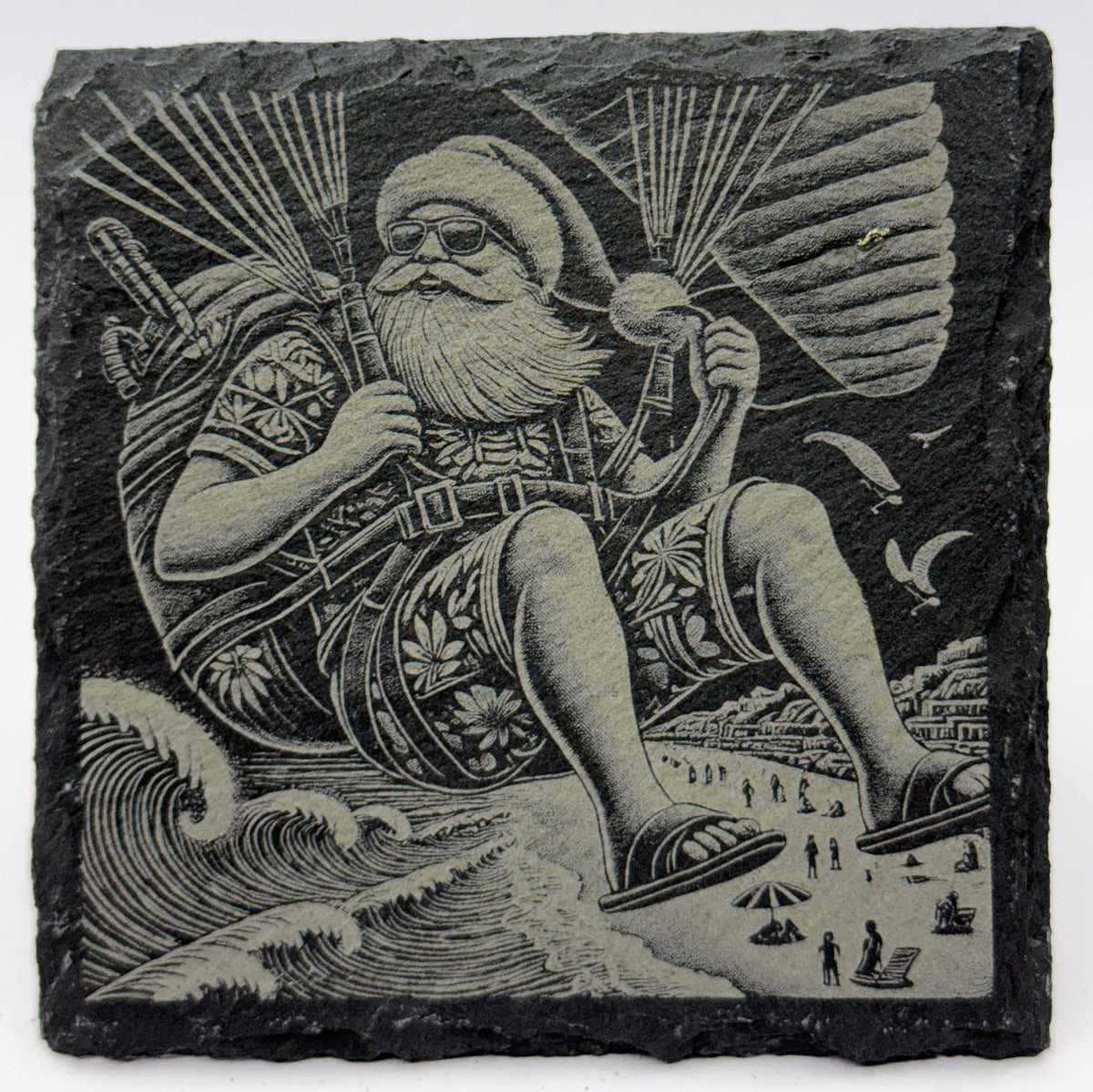 Engraved Santa Adventure Slate Coasters - Christmas Barware Gift (4-Pack)