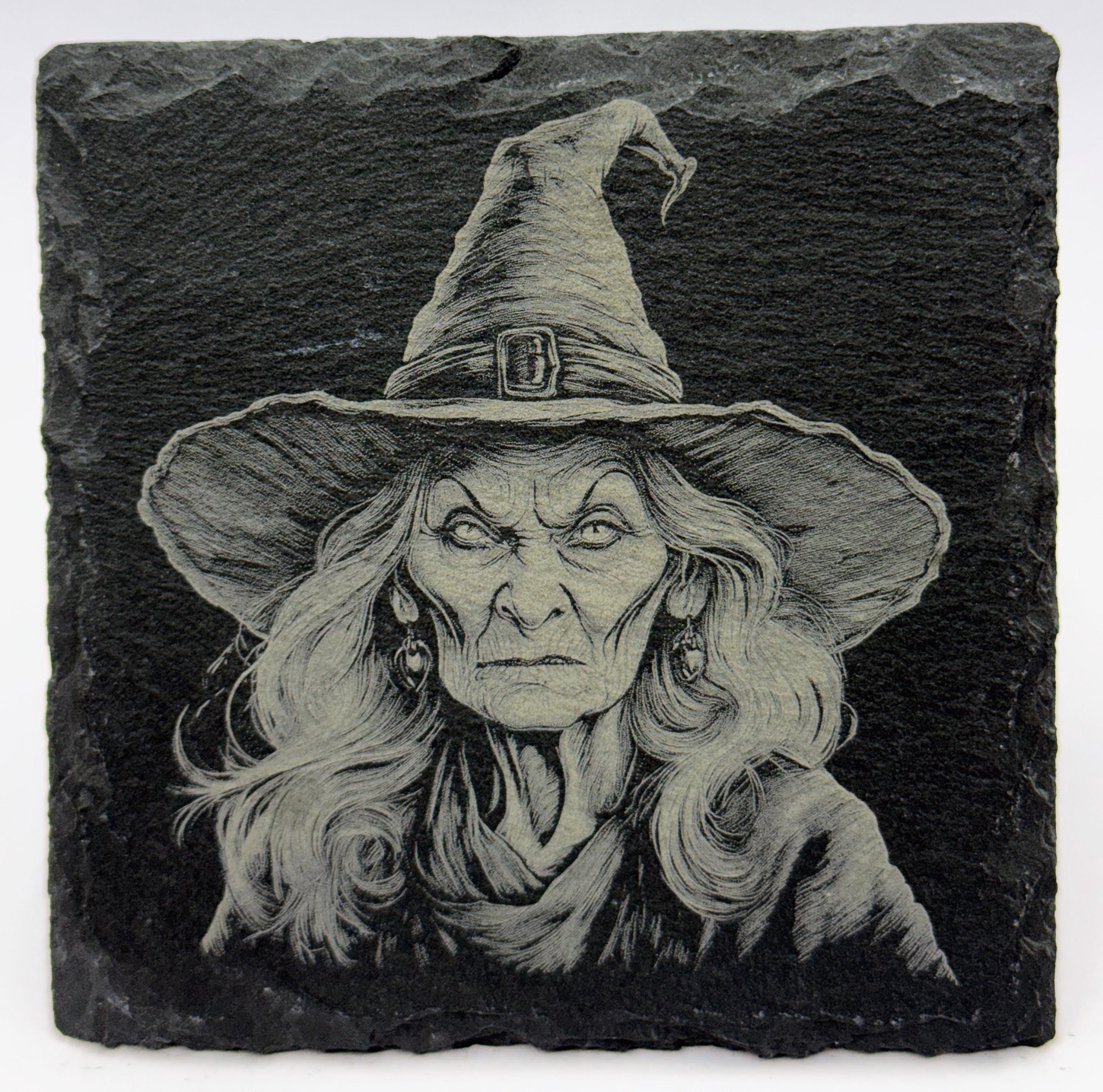 Screaming Witch Slate Coasters: Gothic Halloween Decor - Set of 4