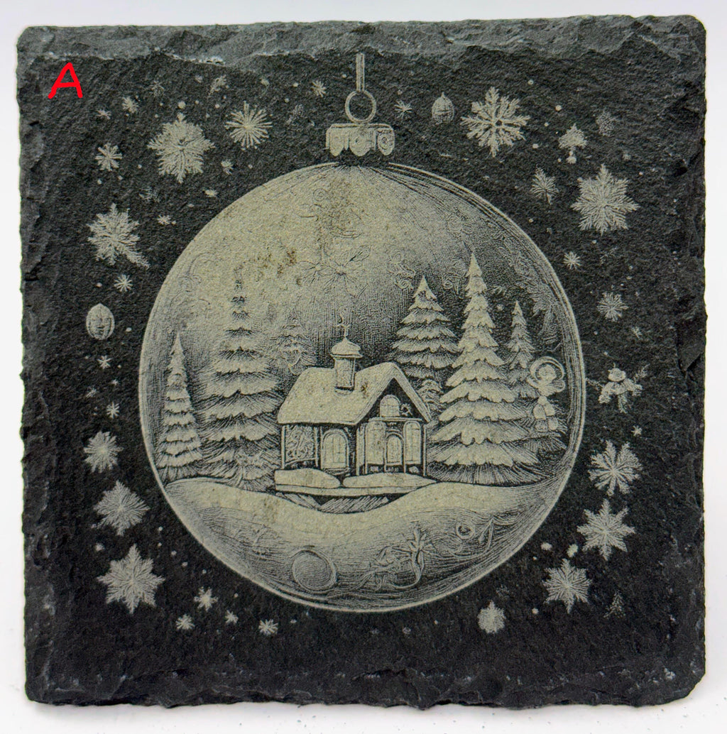 Christmas Ornament Slate Coasters – Santa, Reindeer, Snowman, Tree, Elf & Cabin – Pick Any 4