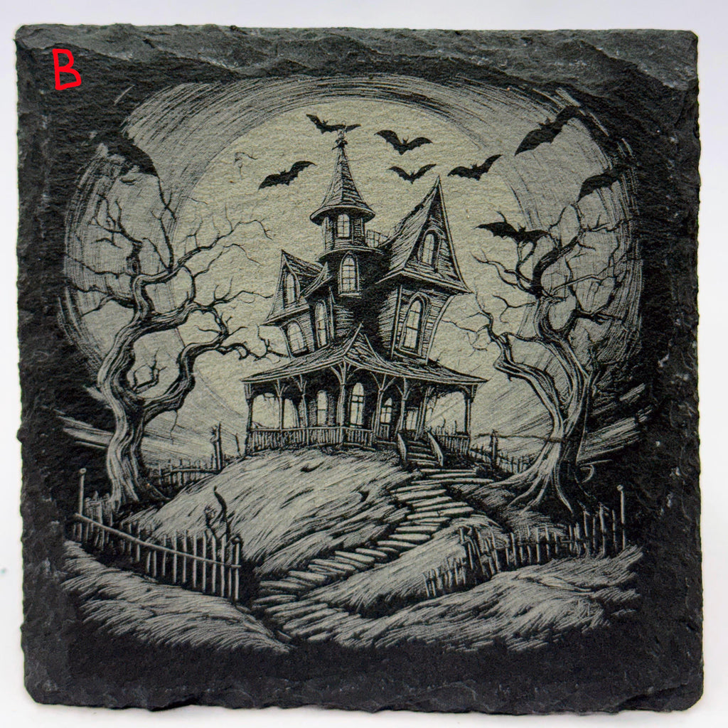 Halloween Slate Coasters – Haunted House, Witch, Skeleton, Cat, Raven & More – Choose Any 4