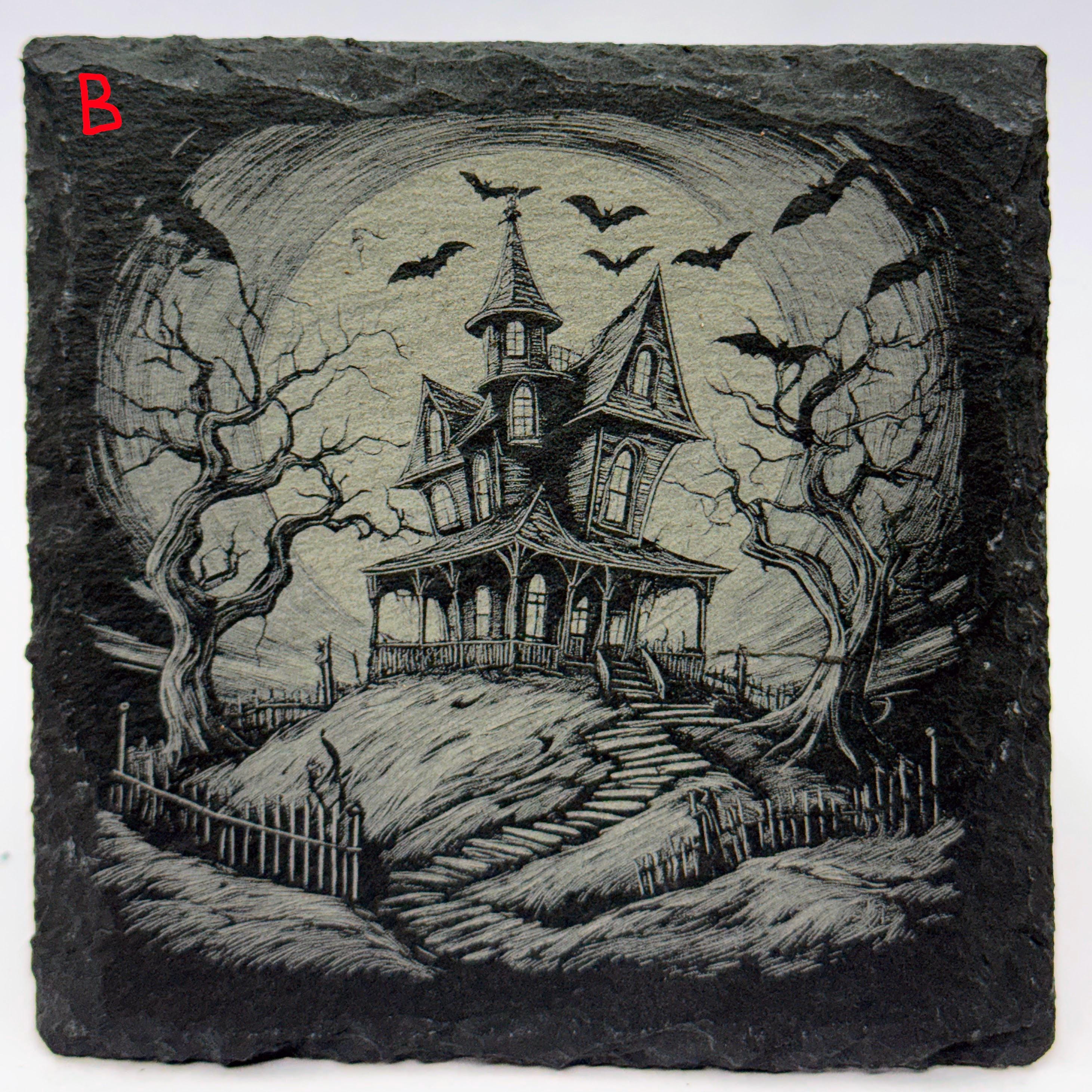 Halloween Slate Coasters – Haunted House, Witch, Skeleton, Cat, Raven & More – Choose Any 4
