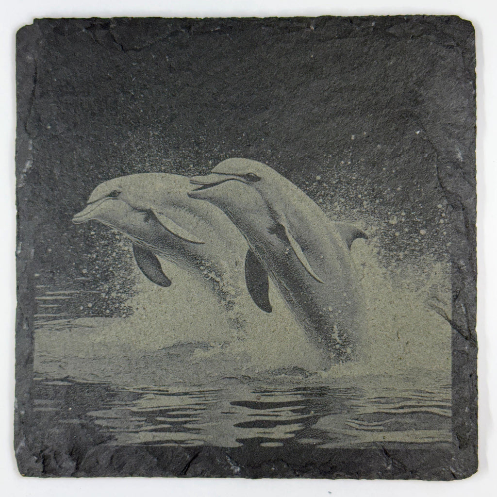 Dolphin Ocean Wildlife, Coastal Beach Decor, Set of 4 Laser Engraved Slate Coasters