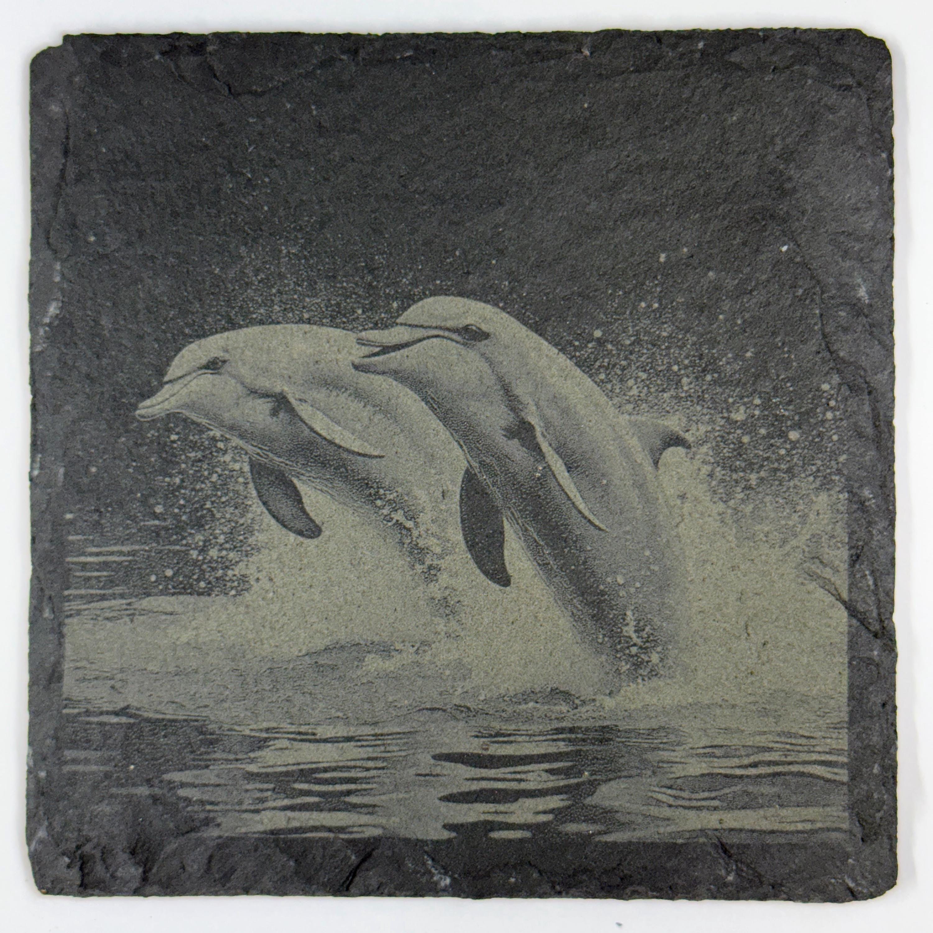 Dolphin Ocean Wildlife, Coastal Beach Decor, Set of 4 Laser Engraved Slate Coasters