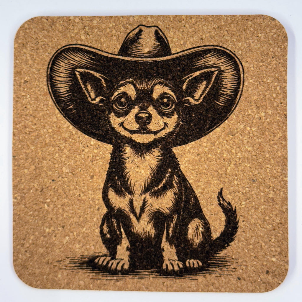 Cowboy Chihuahua Cork Coaster Set: Rustic Western Dog Drink Coasters
