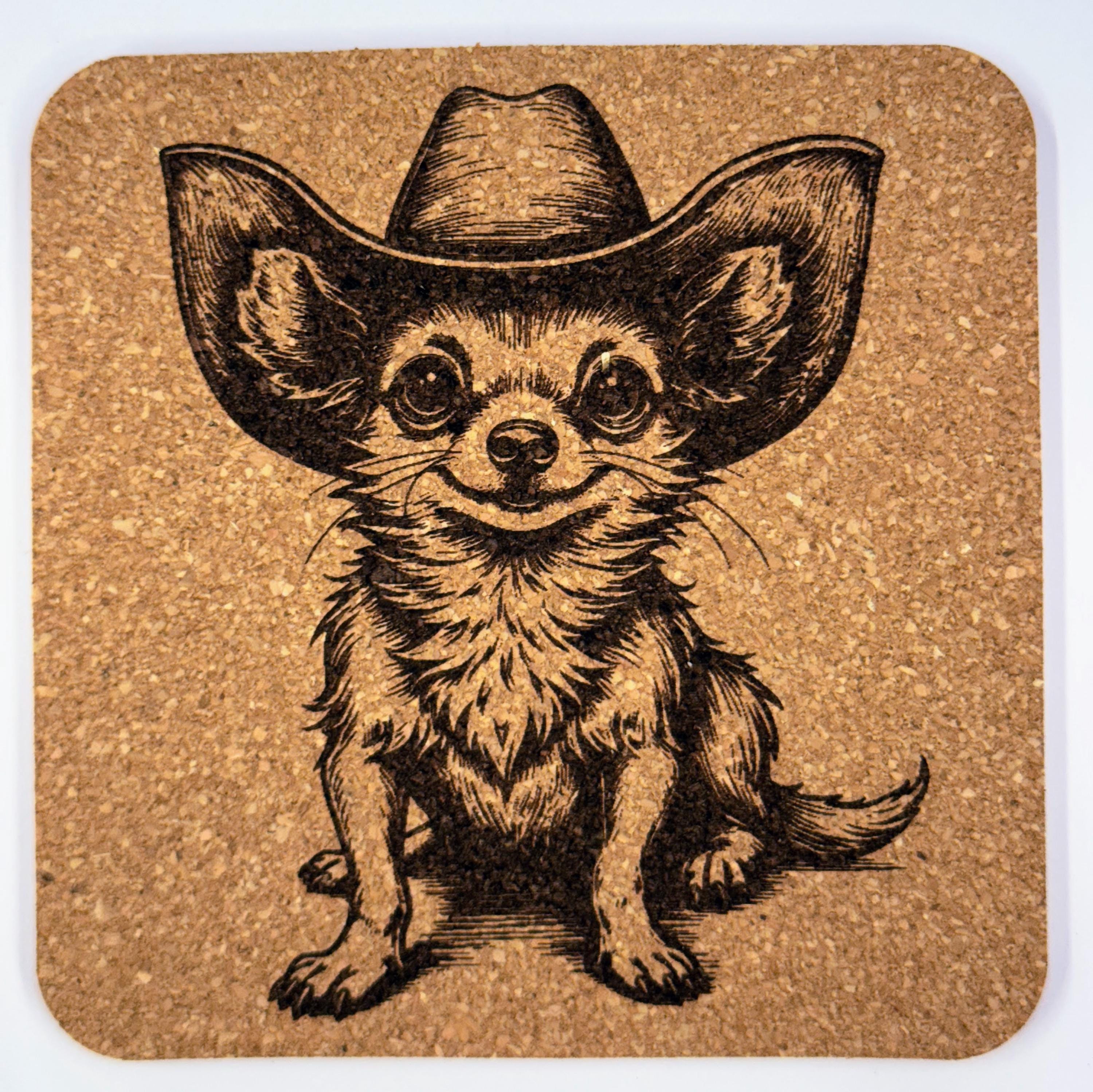 Cowboy Chihuahua Cork Coaster Set: Rustic Western Dog Drink Coasters