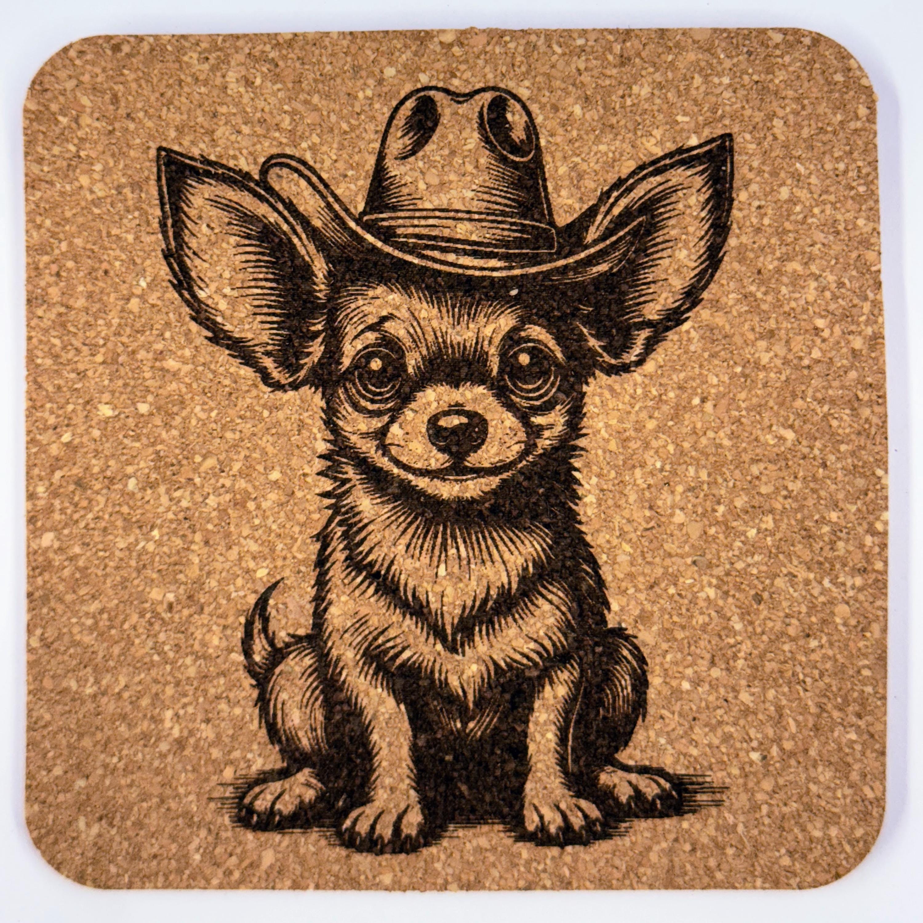 Cowboy Chihuahua Cork Coaster Set: Rustic Western Dog Drink Coasters