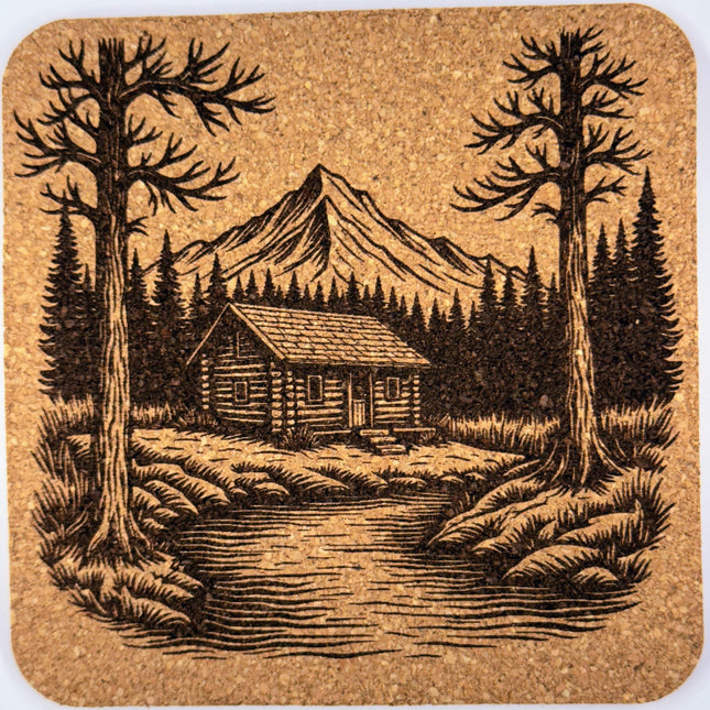 Cabin in the Woods Cork Coaster Set: Laser Engraved Mountain Lodge Decor