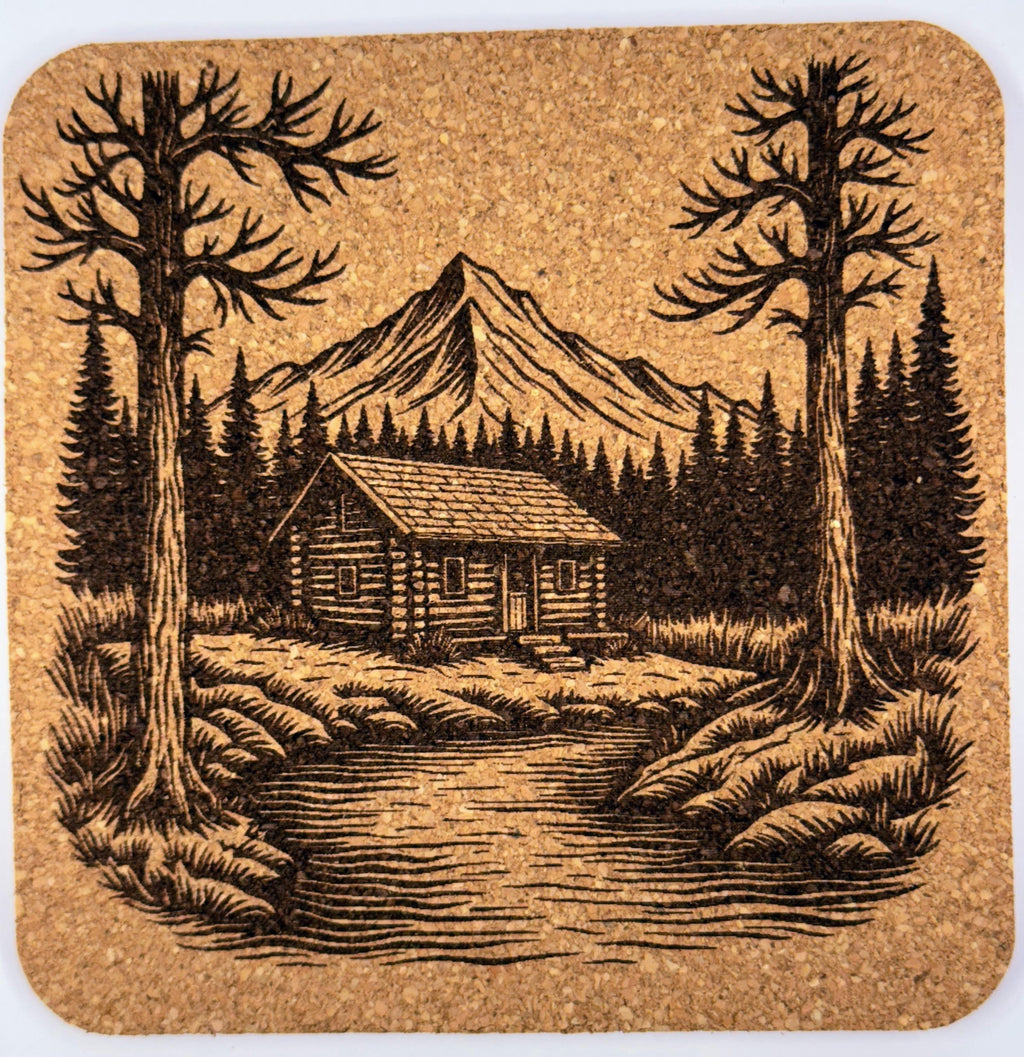Cabin in the Woods Cork Coaster Set: Laser Engraved Mountain Lodge Decor
