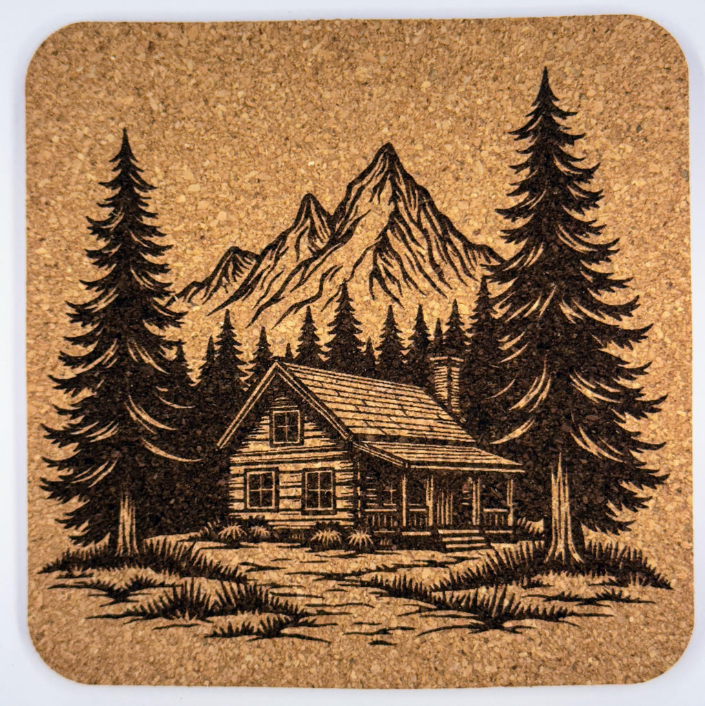 Cabin in the Woods Cork Coaster Set: Laser Engraved Mountain Lodge Decor