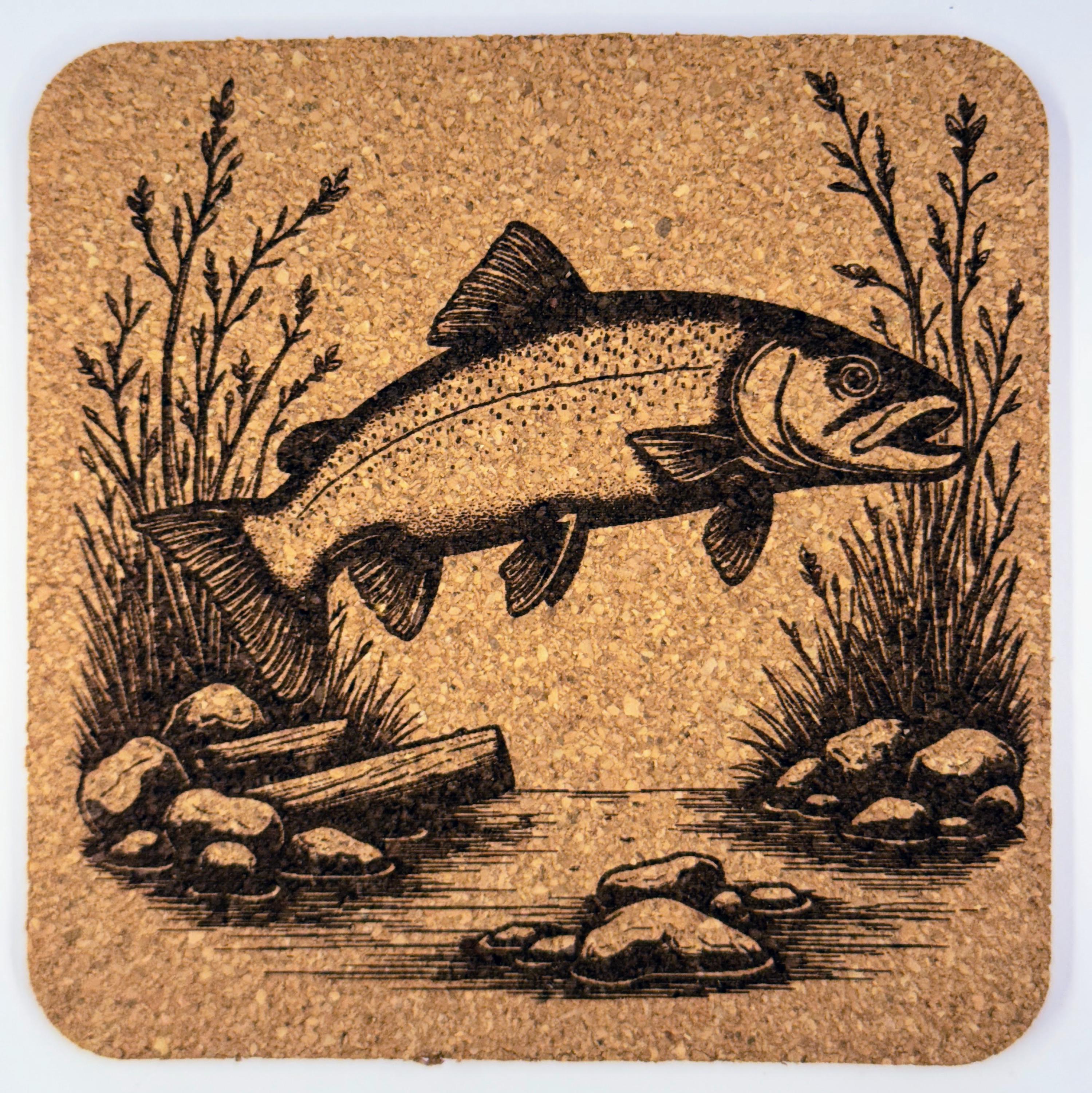 Wild Salmon Cork Coaster Set of 4 - Rustic Fishing Decor