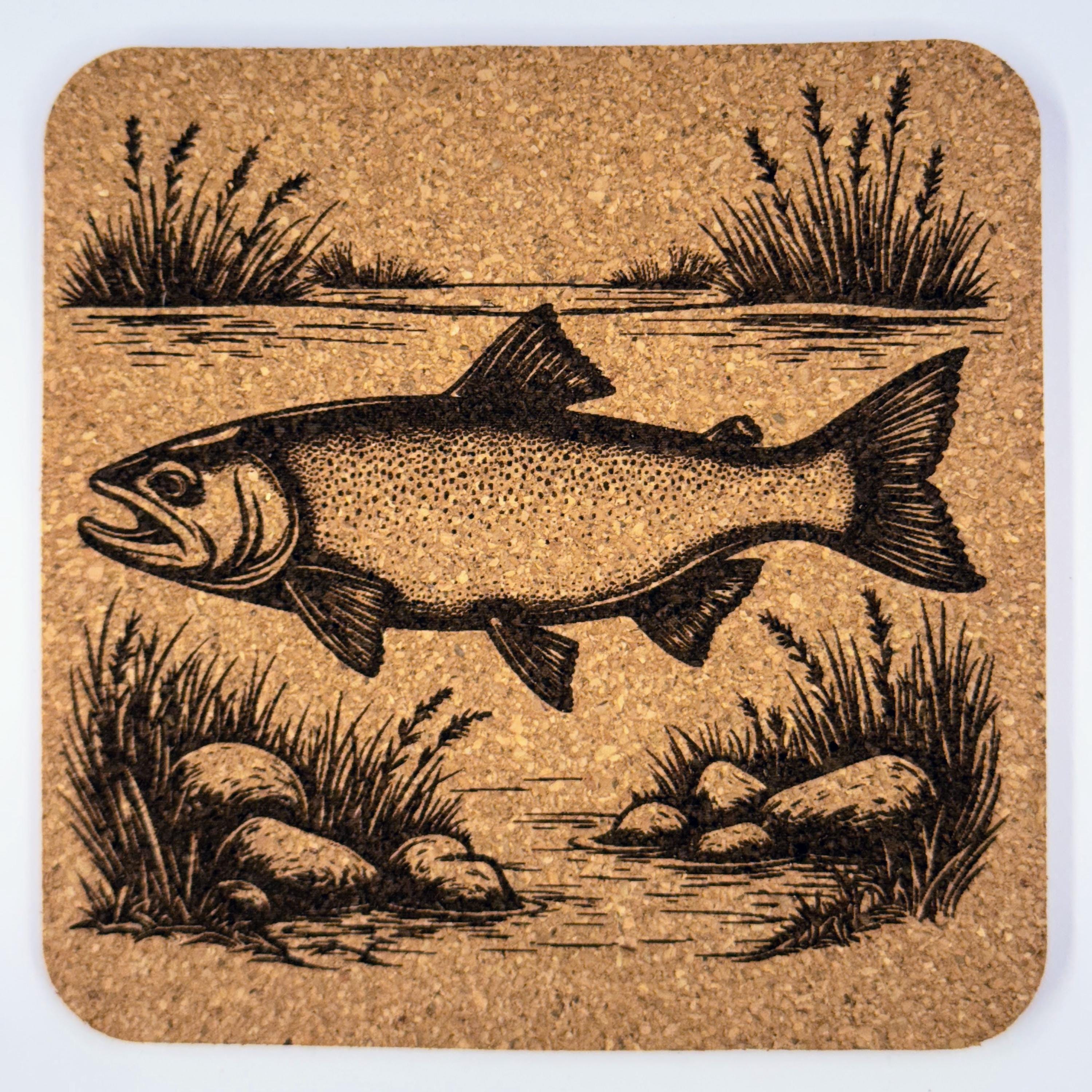 Wild Salmon Cork Coaster Set of 4 - Rustic Fishing Decor