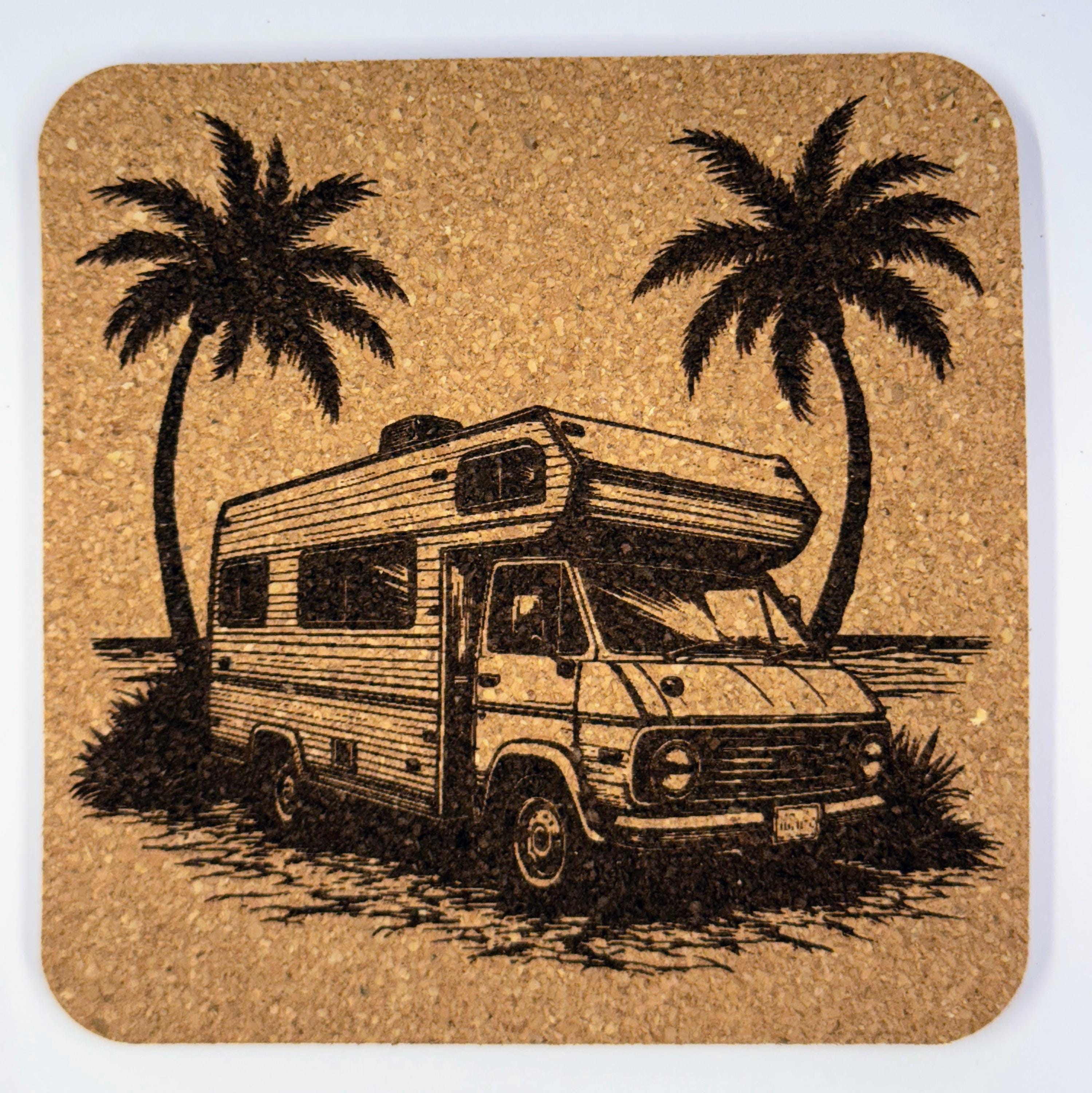 RV Travel Camper Set of 4 Laser Engraved Cork Coasters