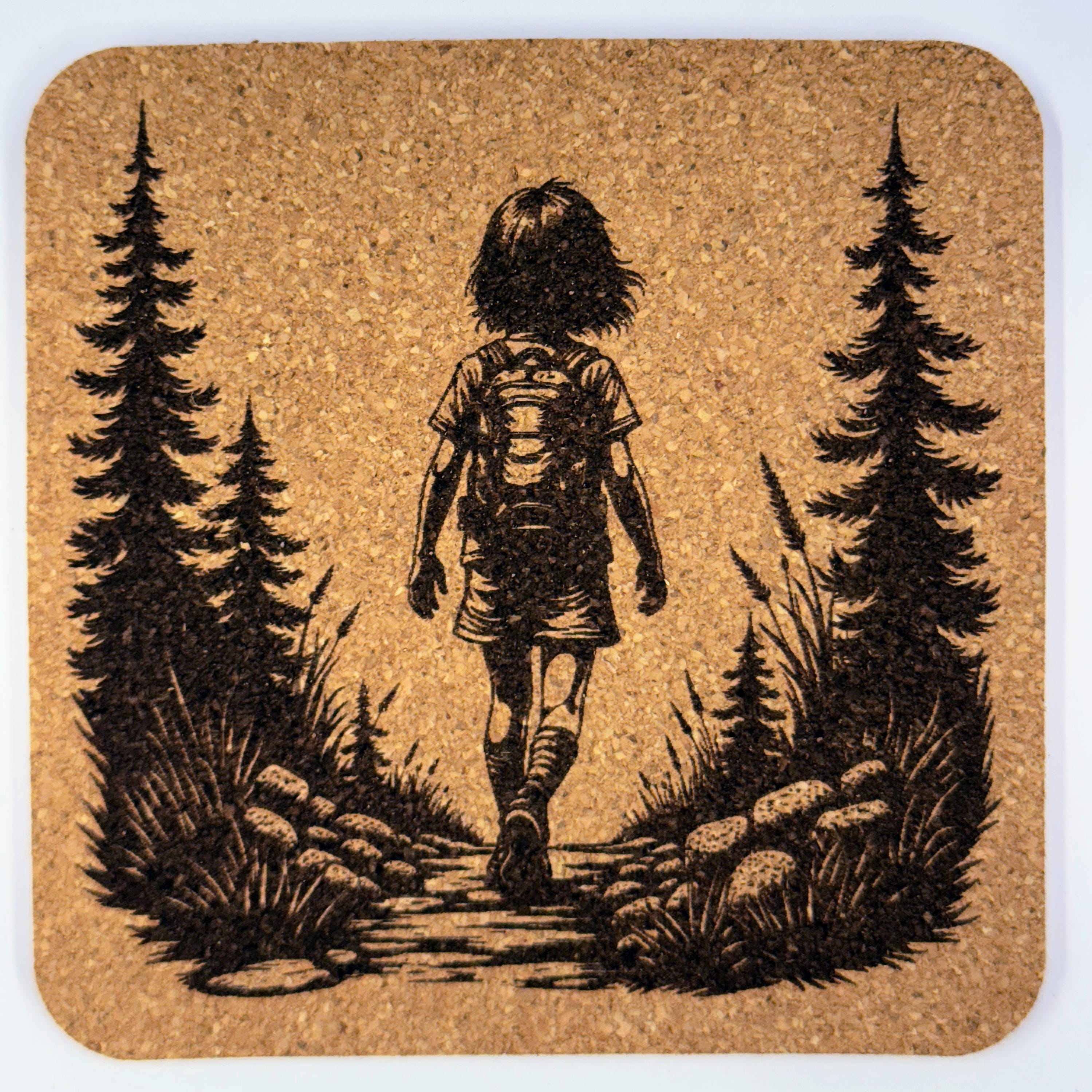 Girl Hiking Cork Coaster Set: Laser Engraved Rustic Nature Decor