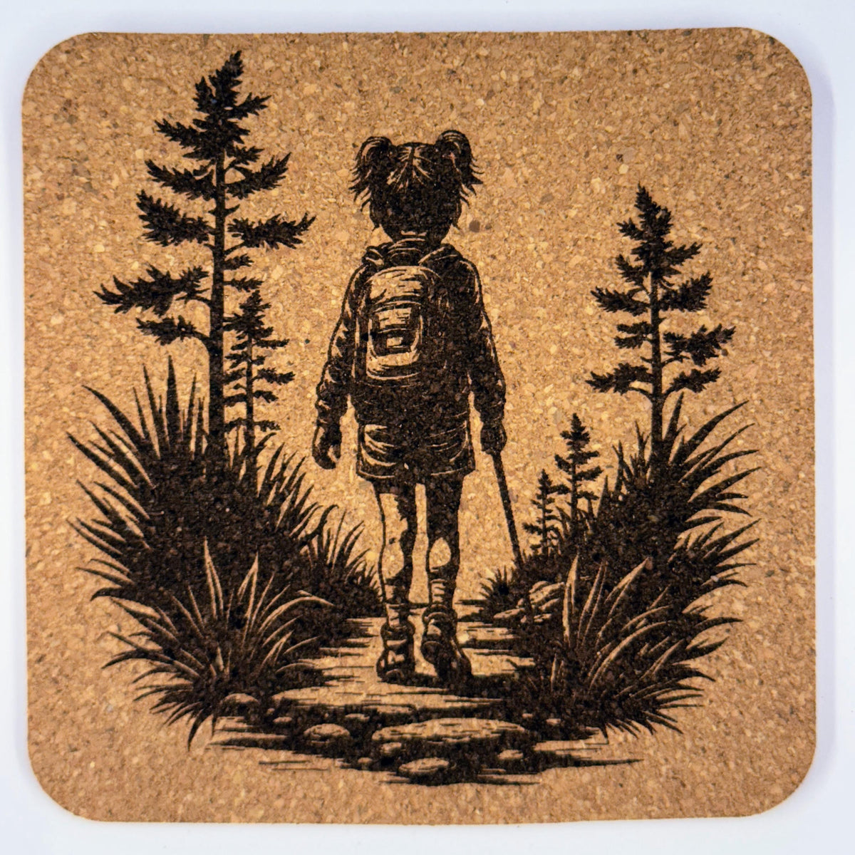 Girl Hiking Cork Coaster Set: Laser Engraved Rustic Nature Decor