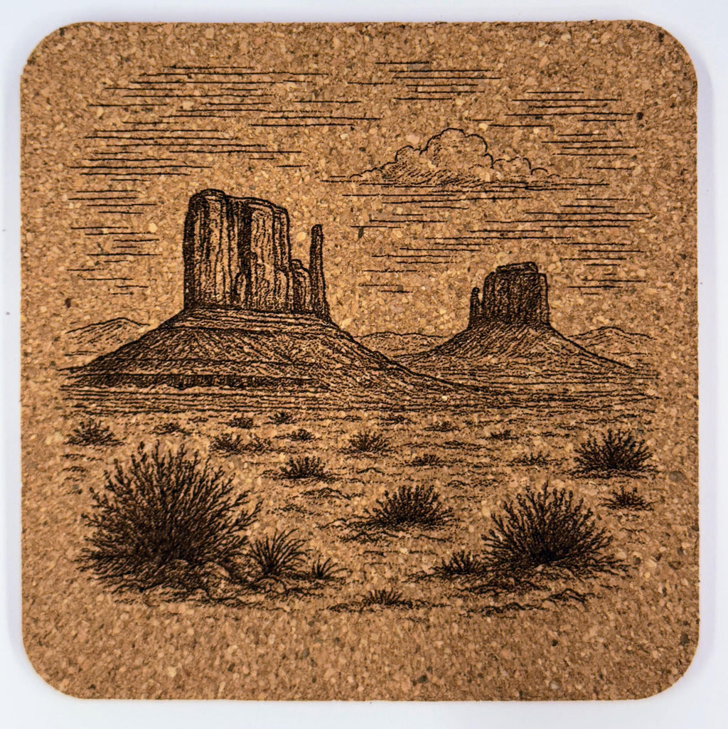 Southwestern Cork Coaster Set – Desert Cactus, Pueblo House, Ranch Scene & Monument Valley Engraved Coasters