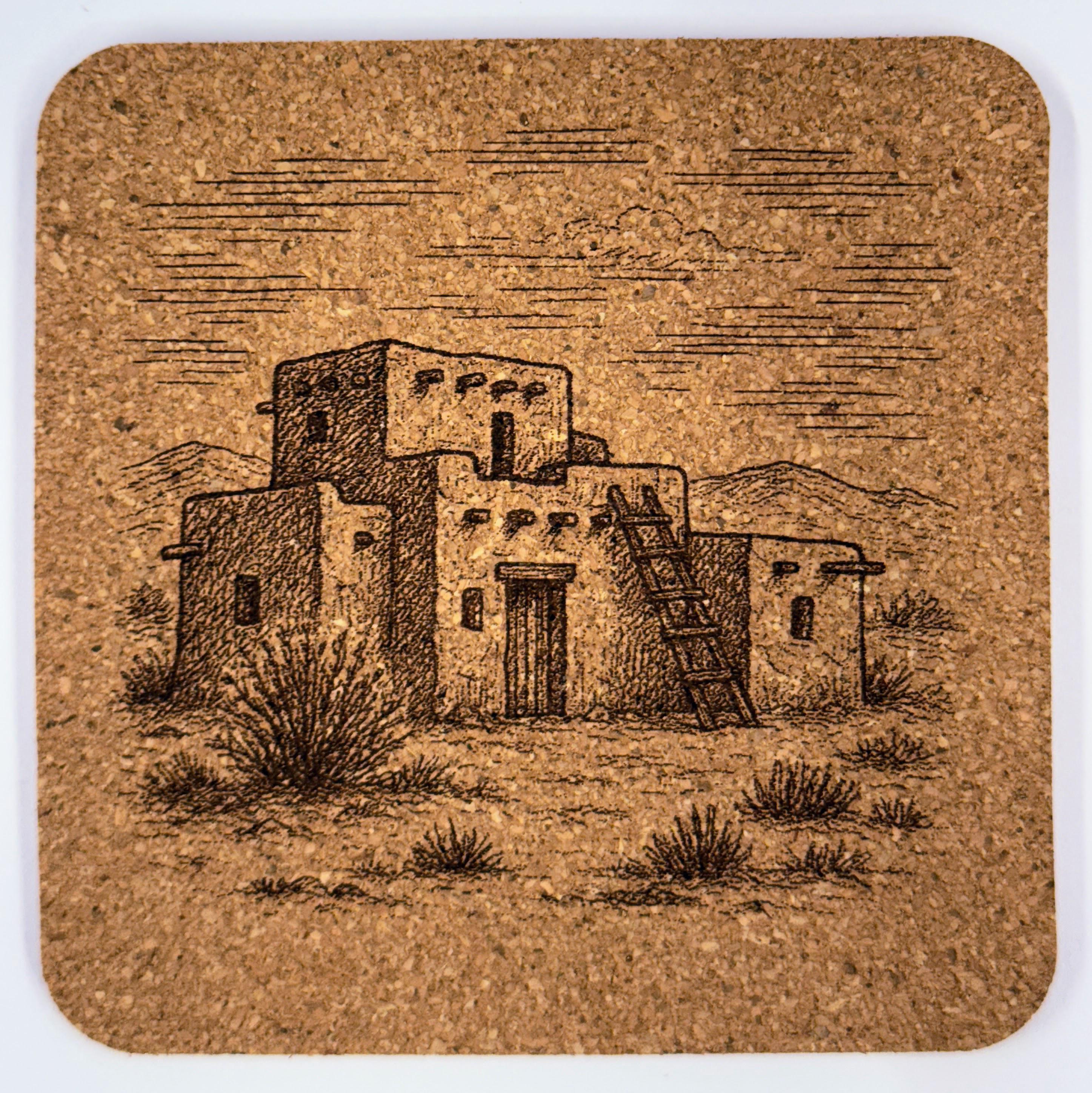 Southwestern Cork Coaster Set – Desert Cactus, Pueblo House, Ranch Scene & Monument Valley Engraved Coasters