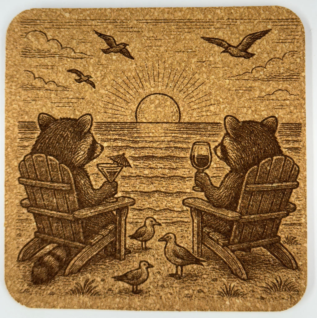 Raccoon Coaster Set: Rustic Cork Drink Coasters with Cabin & Beach Scenes