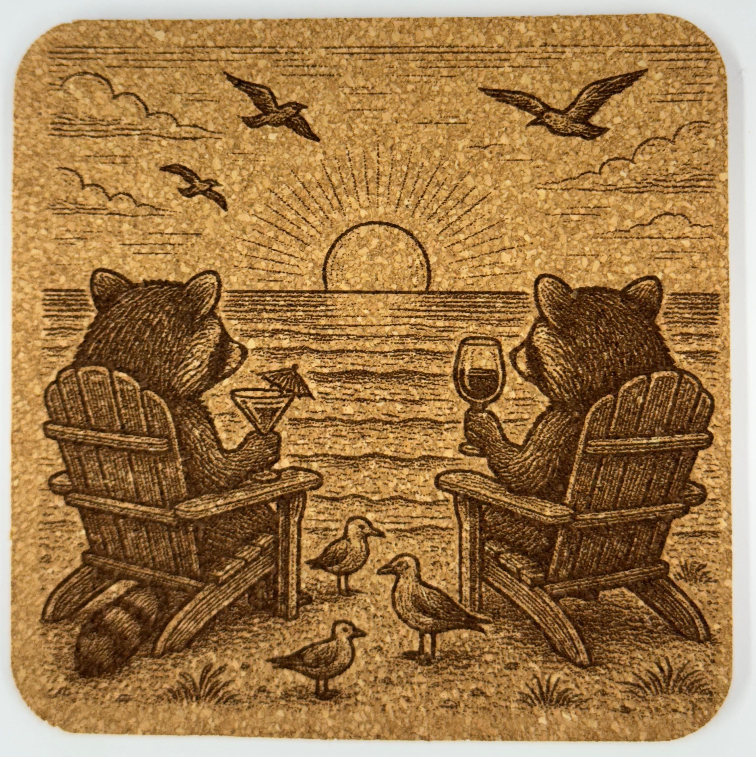 Raccoon Coaster Set: Rustic Cork Drink Coasters with Cabin & Beach Scenes