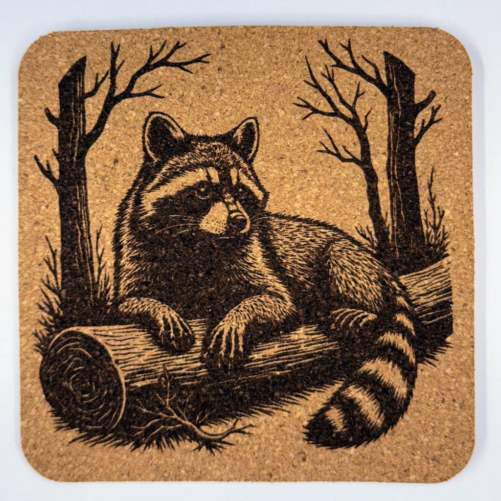 Raccoon Cork Coasters – Rustic Woodland Animal Drink Coaster Set of 4