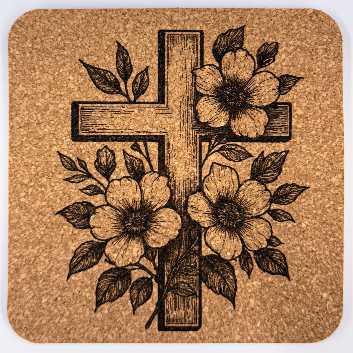 Cross with Flowers Engraved Cork Coasters – Christian Home Decor – Religious Gift – Set of 4
