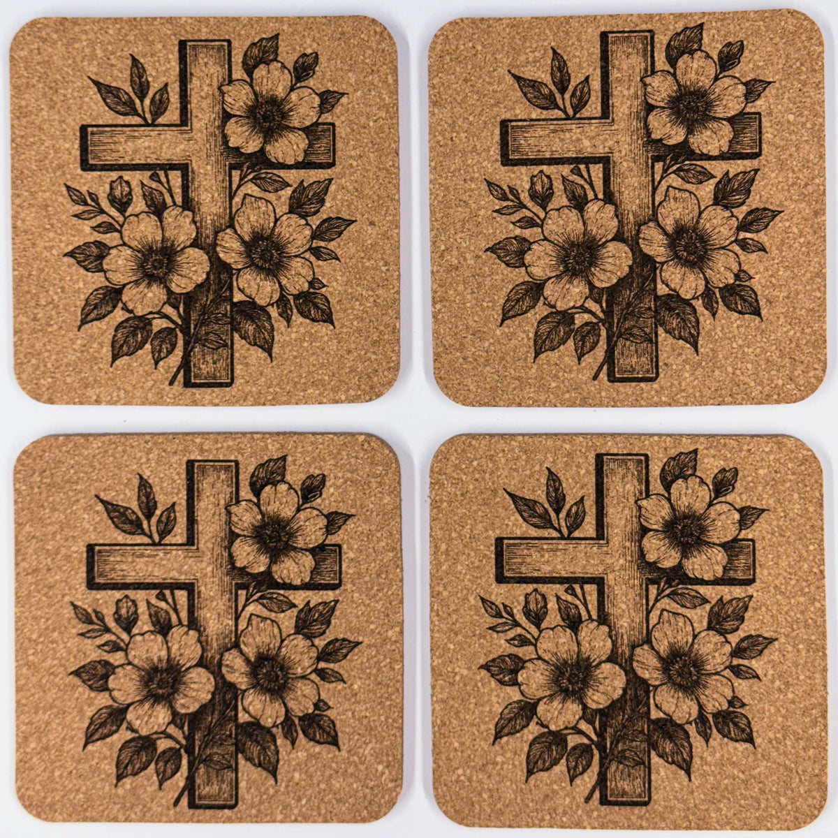 Cross with Flowers Engraved Cork Coasters – Christian Home Decor – Religious Gift – Set of 4