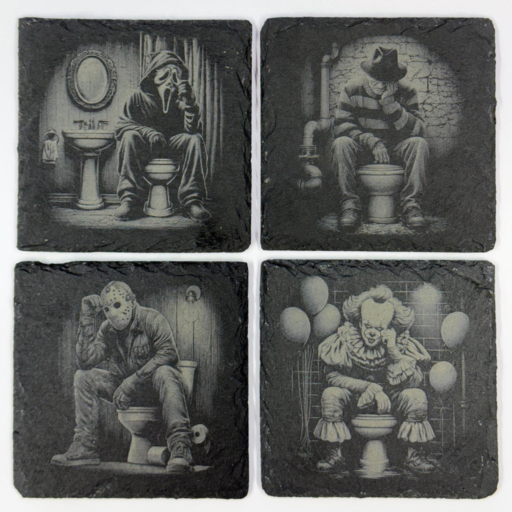 Horror Movie Villain Coaster Set – Funny Slate Drink Coasters with Scary Characters