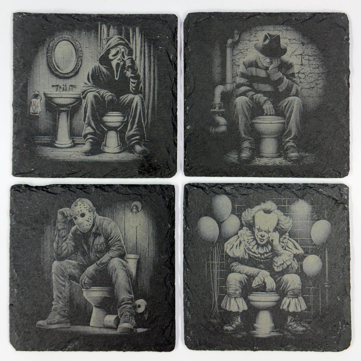 Horror Movie Villain Coaster Set – Funny Slate Drink Coasters with Scary Characters
