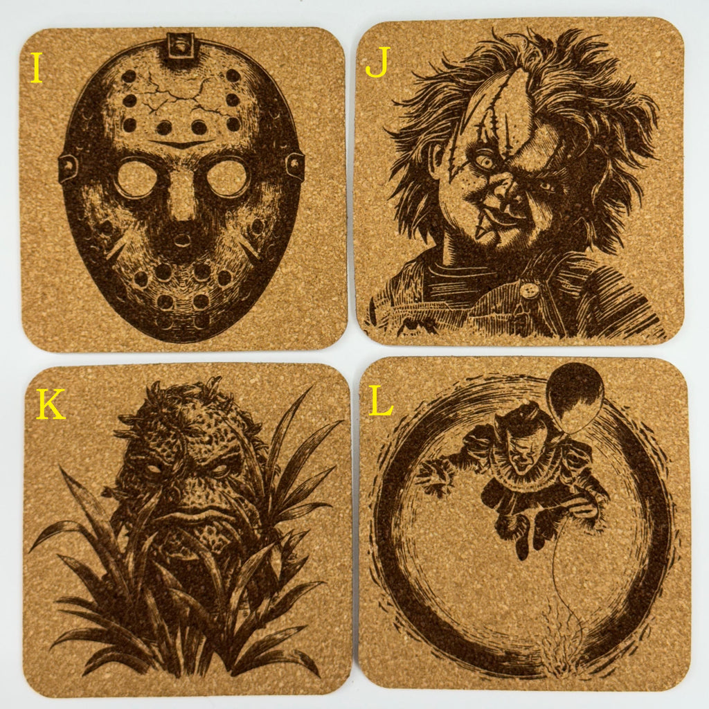 Horror Movie Cork Coasters - Engraved Classic Monsters, Halloween Decor