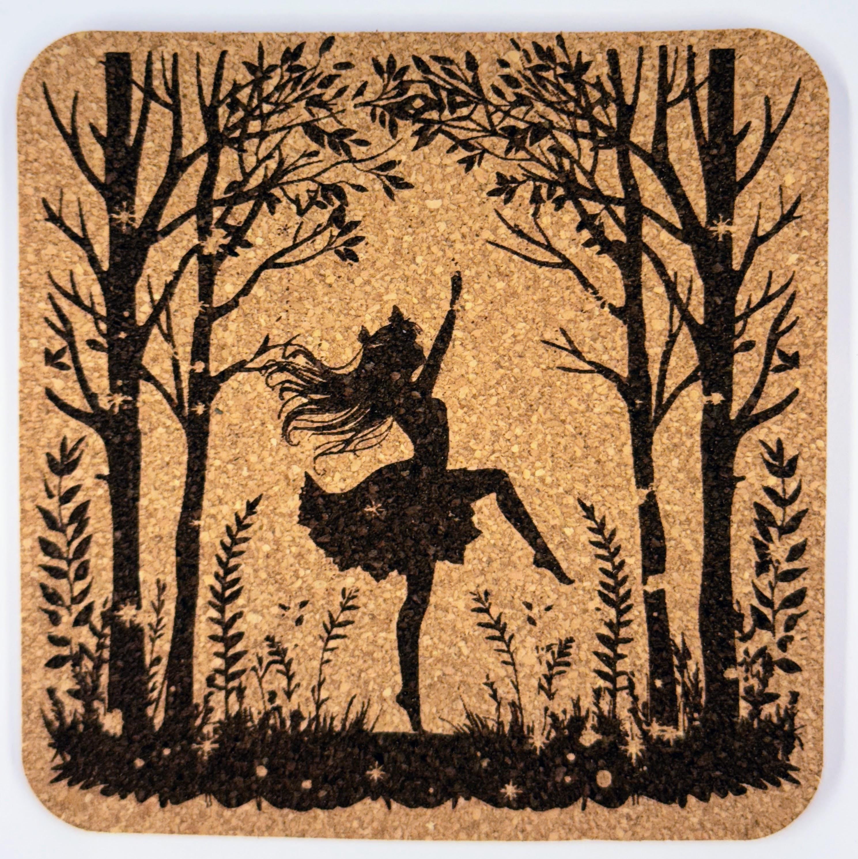 Fairy Garden Cork Coaster Set: Laser-Engraved Woodland Pixie Silhouette
