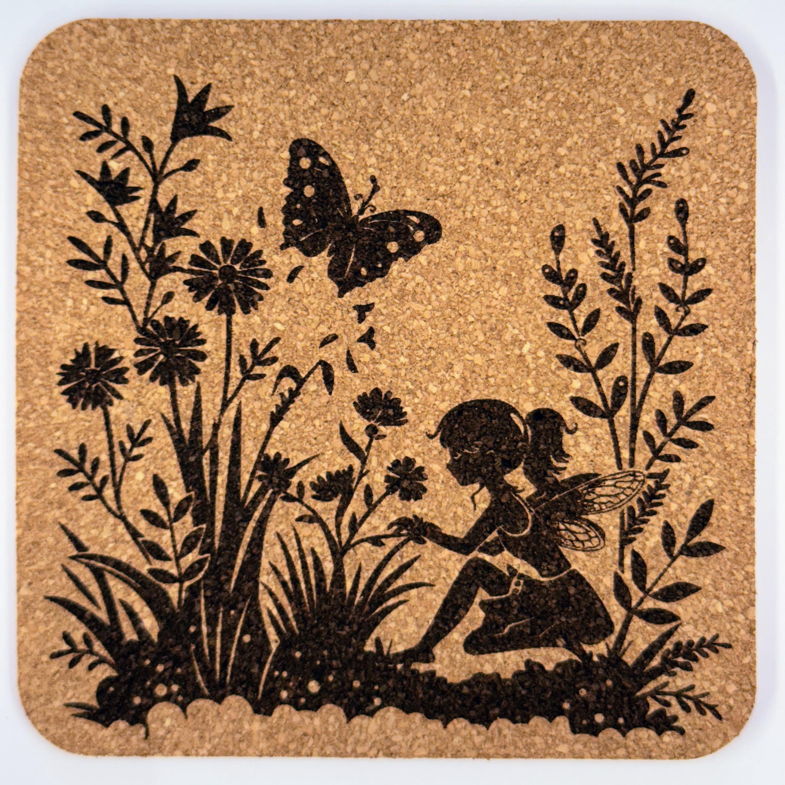 Fairy Garden Cork Coaster Set: Laser-Engraved Woodland Pixie Silhouette