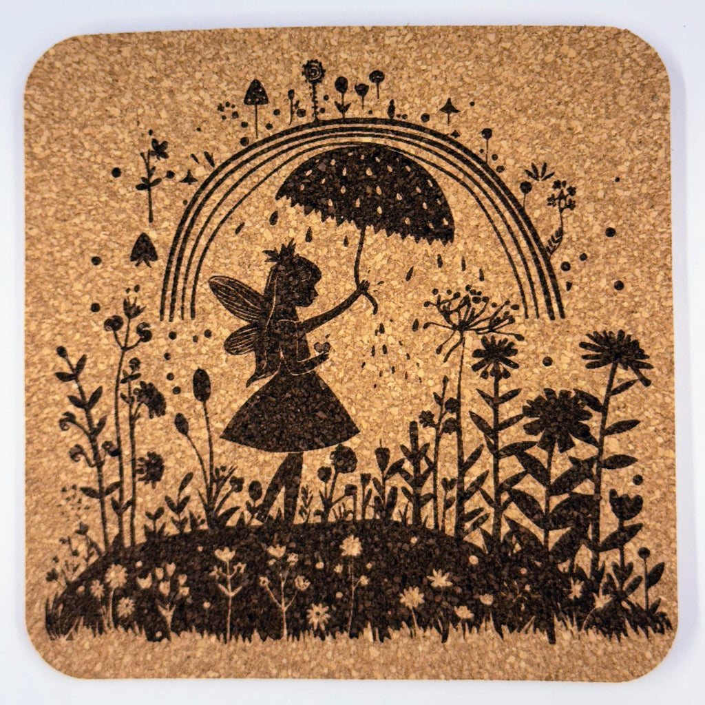 Fairy Garden Cork Coaster Set: Laser-Engraved Woodland Pixie Silhouette