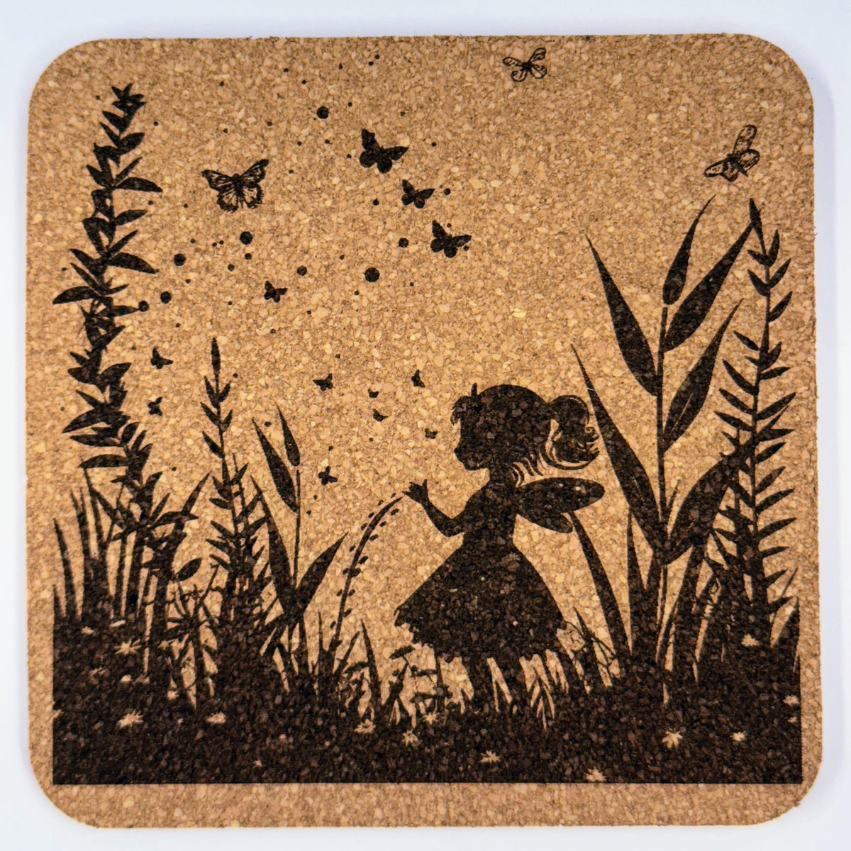 Fairy Garden Cork Coaster Set: Laser-Engraved Woodland Pixie Silhouette