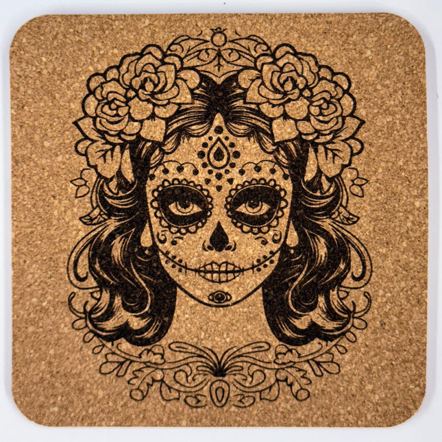 Día de los Muertos Cork Coaster Set – Floral Skull Engraved, Mexican Folk Art