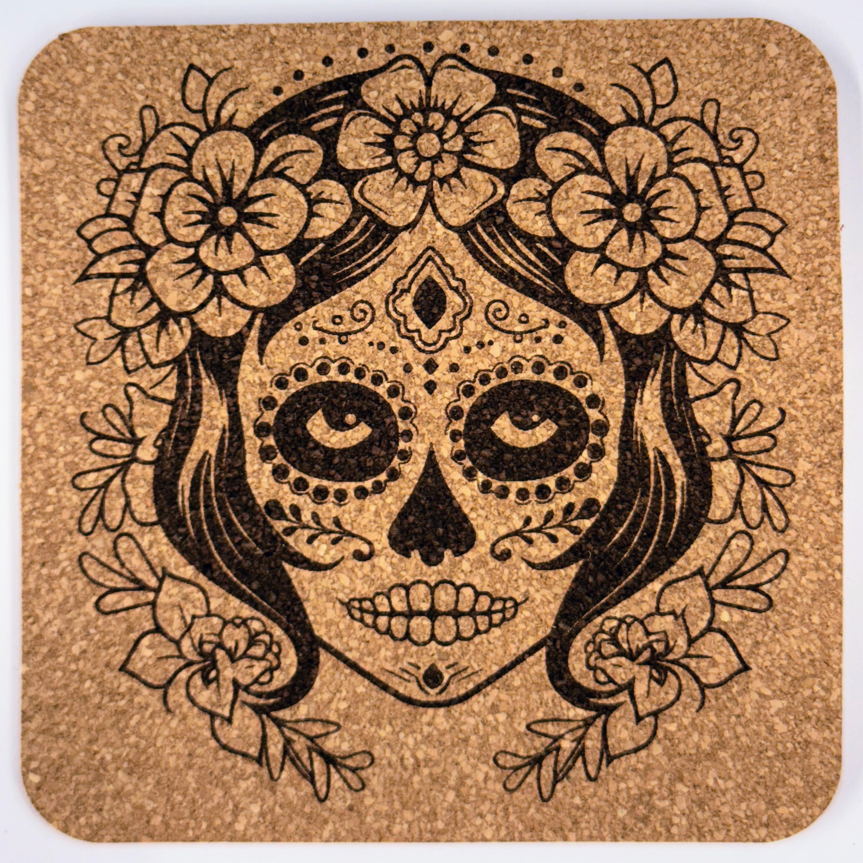 Día de los Muertos Cork Coaster Set – Floral Skull Engraved, Mexican Folk Art