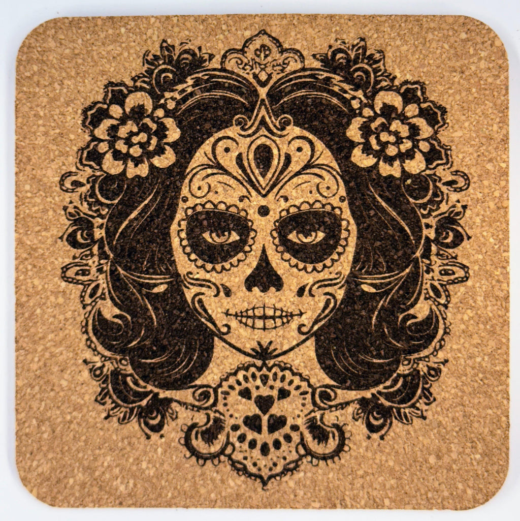 Día de los Muertos Cork Coaster Set – Floral Skull Engraved, Mexican Folk Art