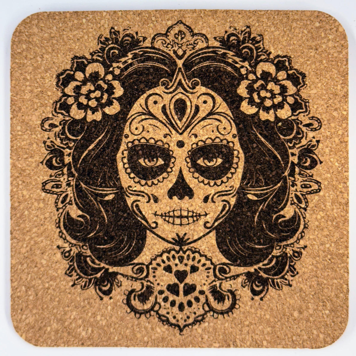 Día de los Muertos Cork Coaster Set – Floral Skull Engraved, Mexican Folk Art